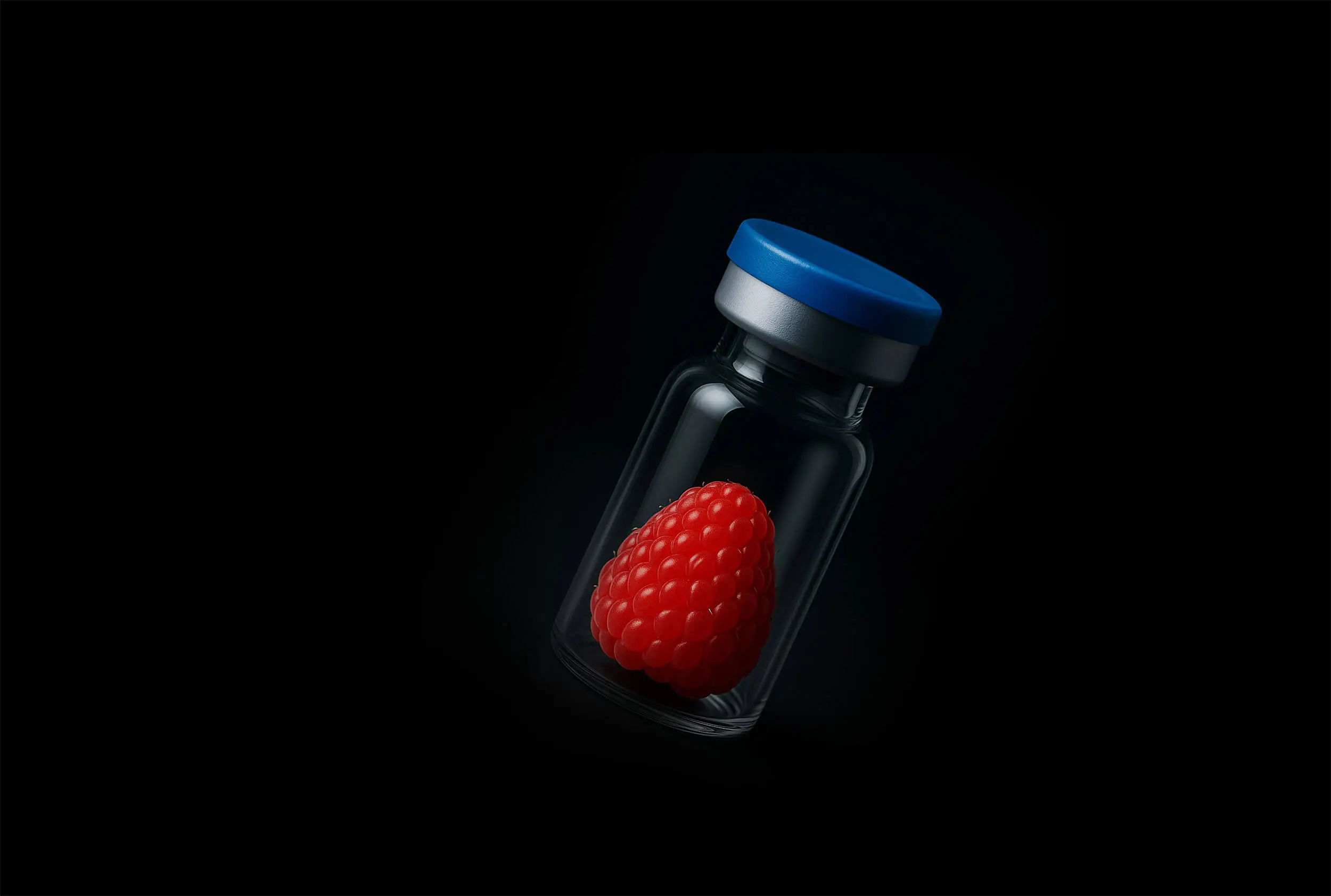 Flacon médical avec bouchonnage bleu contenant une framboise mûre
