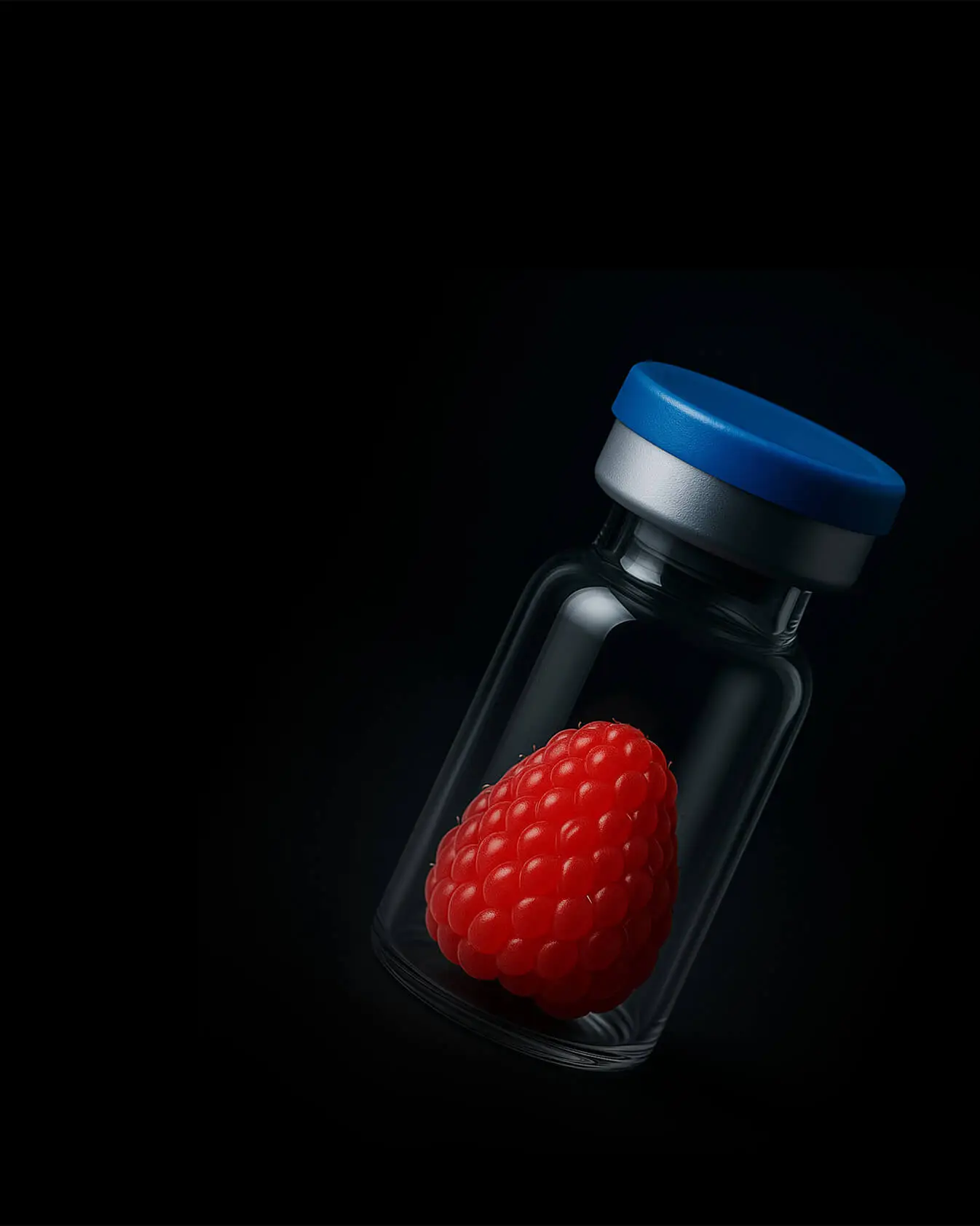 Flacon médical avec bouchonnage bleu contenant une framboise mûre